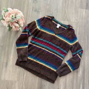 Tasha Polizzi Brown Striped Fuzzy V Neck Sweater